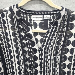 849 Liz Claiborne Black White Sheer Button Up Blouse Top Woman's Sz PL Long Slvs